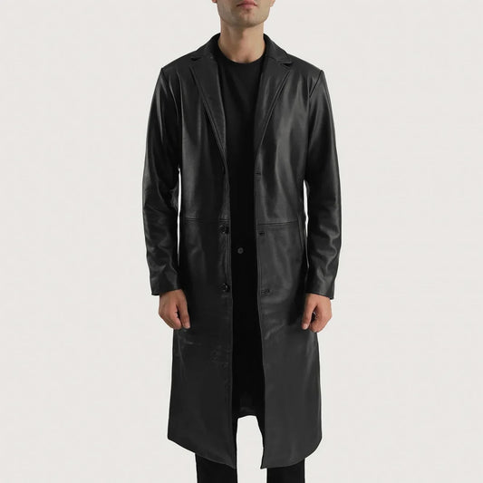 Mateo Black Leather Single Breasted Coat - Vox Leather