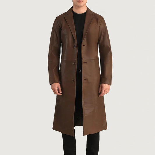 Mateo Brown Leather Single Breasted Coat - Vox Leather