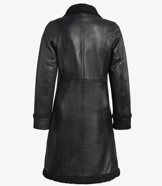 Maura Womens Real Leather Black Shearling Long Coat - Rare Leather