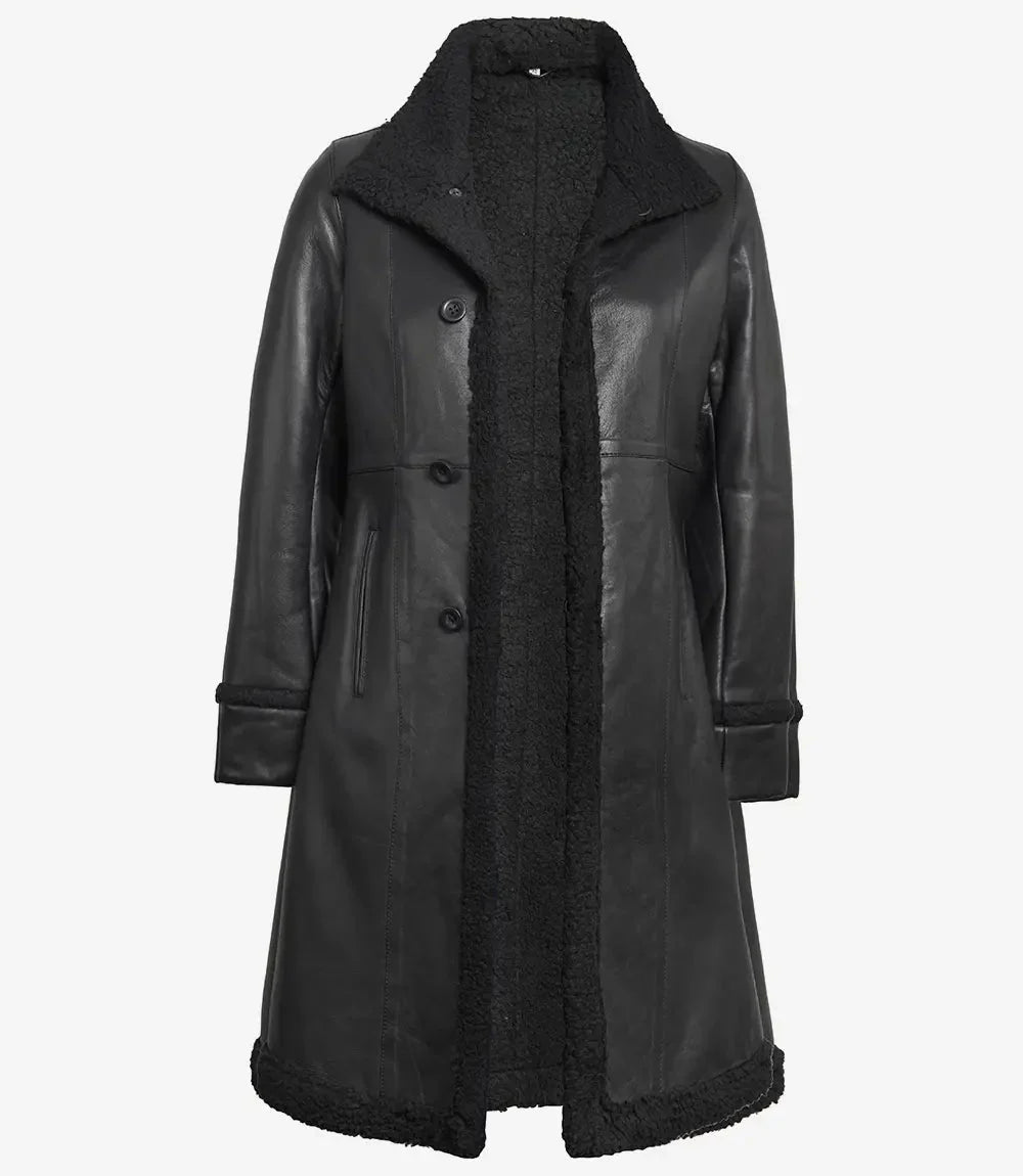 Maura Womens Real Leather Black Shearling Long Coat - Vox Leather