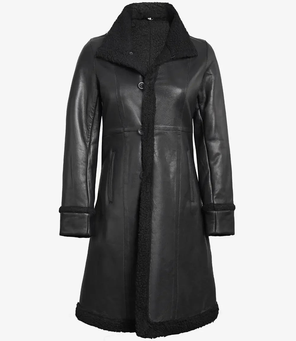Maura Womens Real Leather Black Shearling Long Coat - Vox Leather