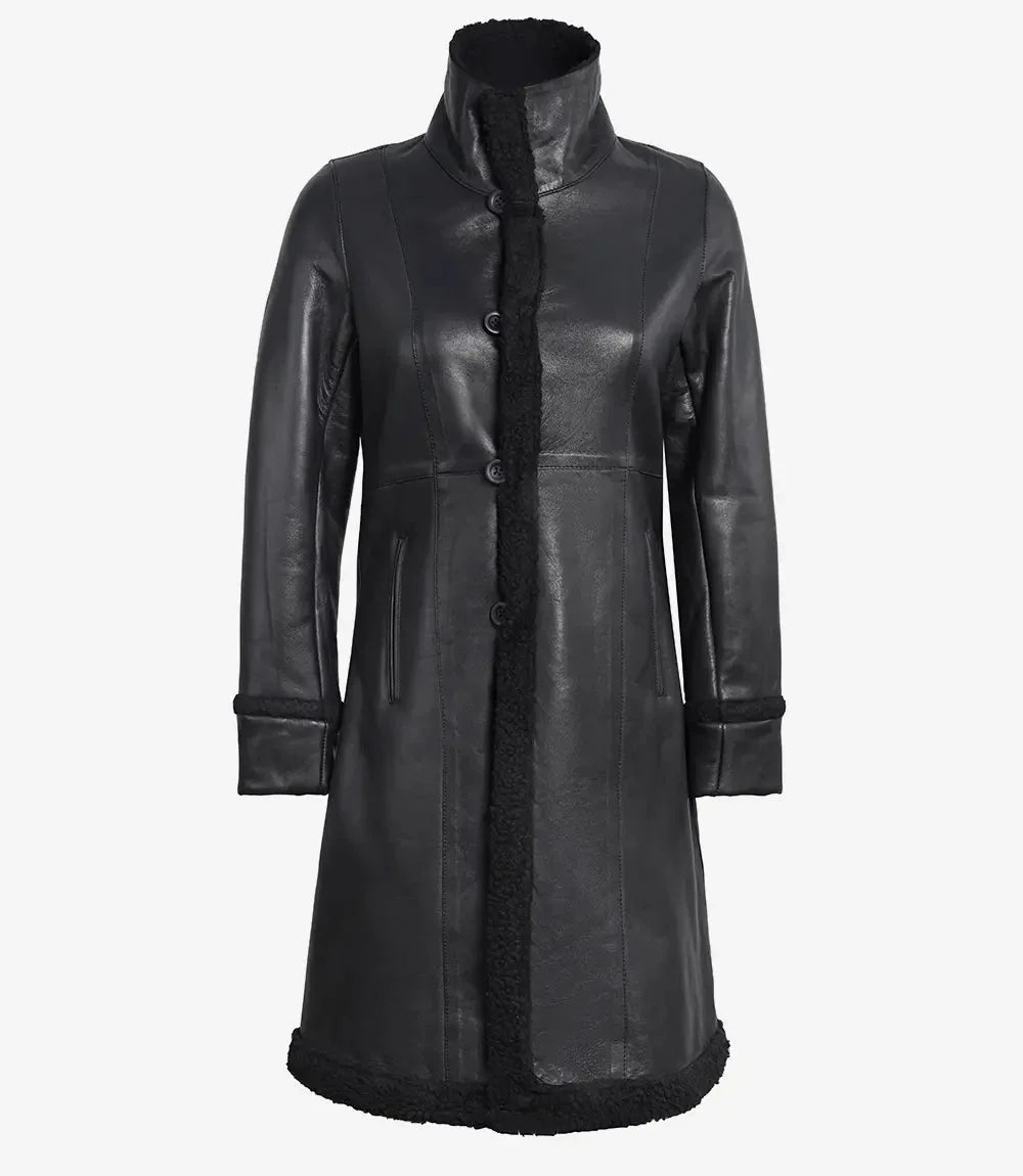 Maura Womens Real Leather Black Shearling Long Coat - Vox Leather
