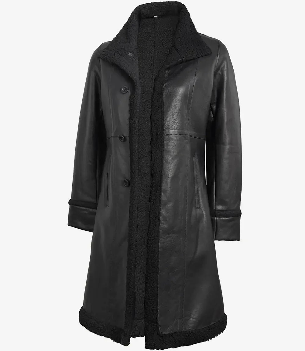 Maura Womens Real Leather Black Shearling Long Coat - Vox Leather