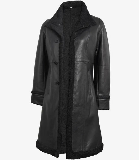 Maura Womens Real Leather Black Shearling Long Coat - Vox Leather