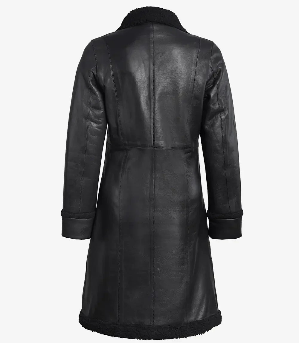 Maura Womens Real Leather Black Shearling Long Coat - Vox Leather