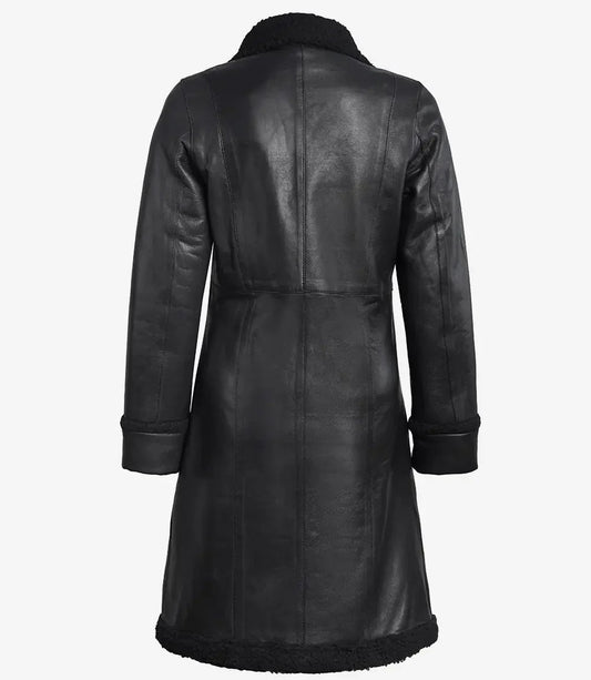 Maura Womens Real Leather Black Shearling Long Coat - Vox Leather
