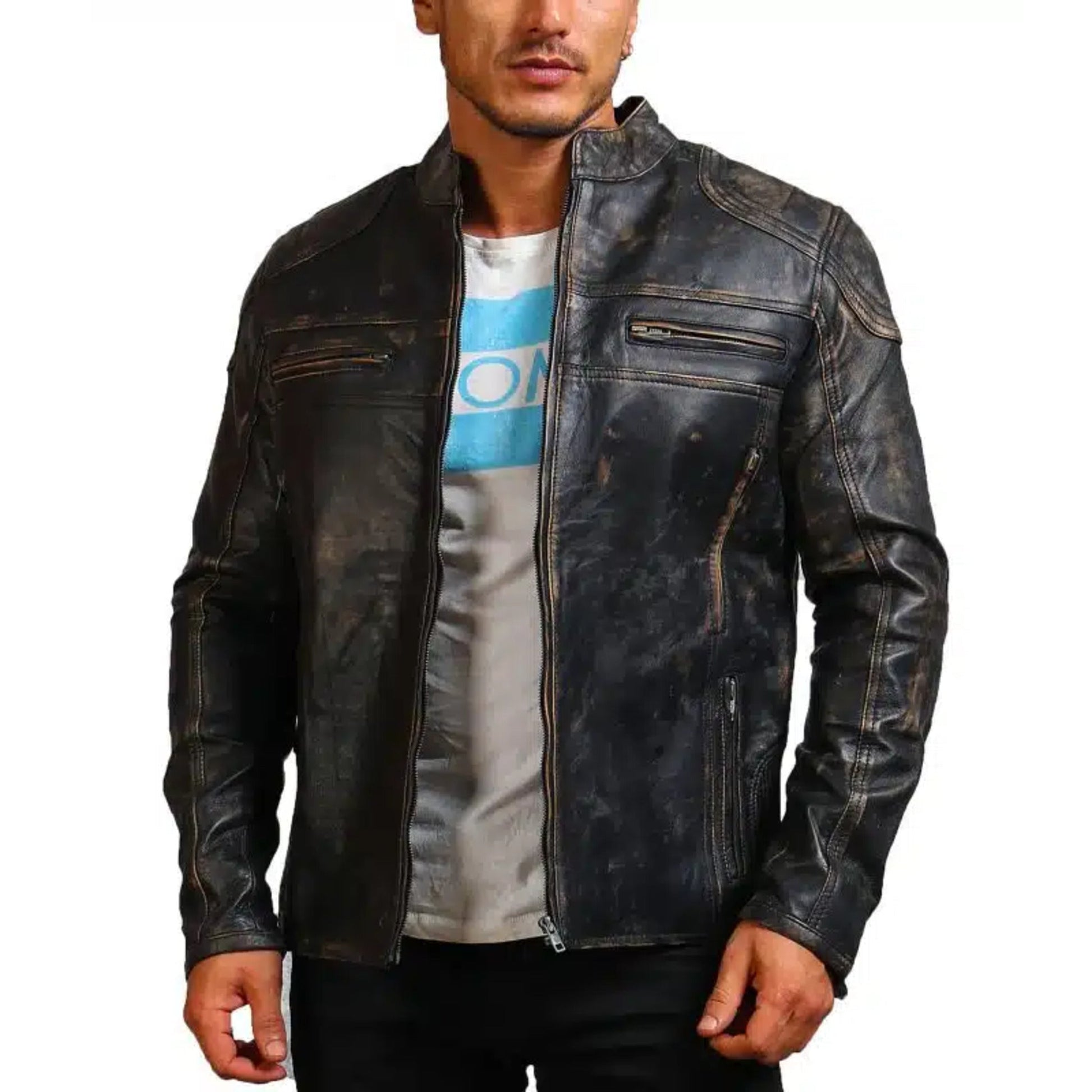 Men Black Motorcycle Leather Jacket - Rare Leather