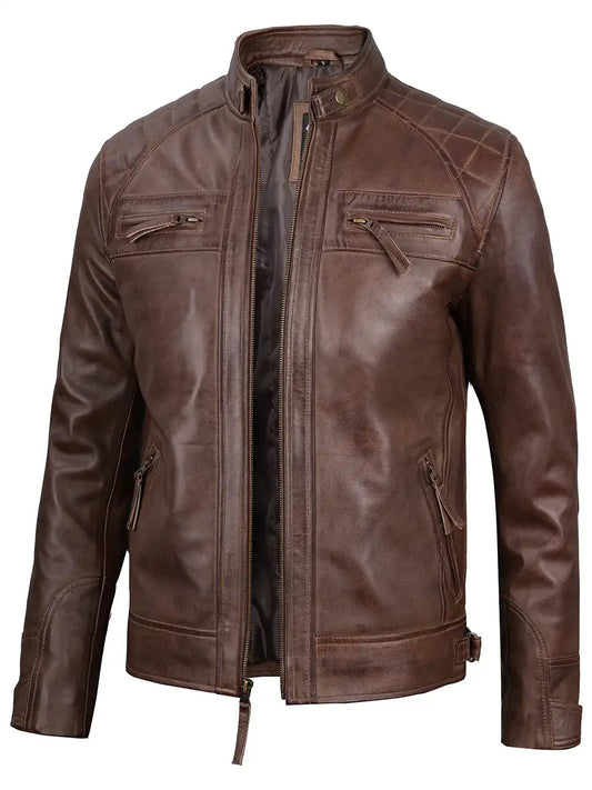 Men Chocolate Brown Cafe Racer Real Leather Jacket - Rare Leather