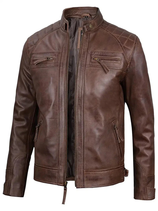 Men Chocolate Brown Cafe Racer Real Leather Jacket - Vox Leather