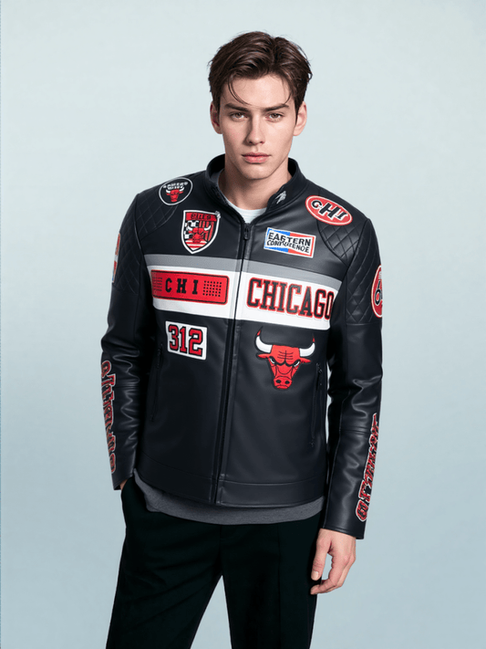 Men NBA Chicago Bulls Moto Jacket - Rare Leather Order Now !!