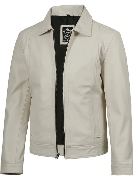 Men Off White Real Leather Harrington Jacket - Rare Leather