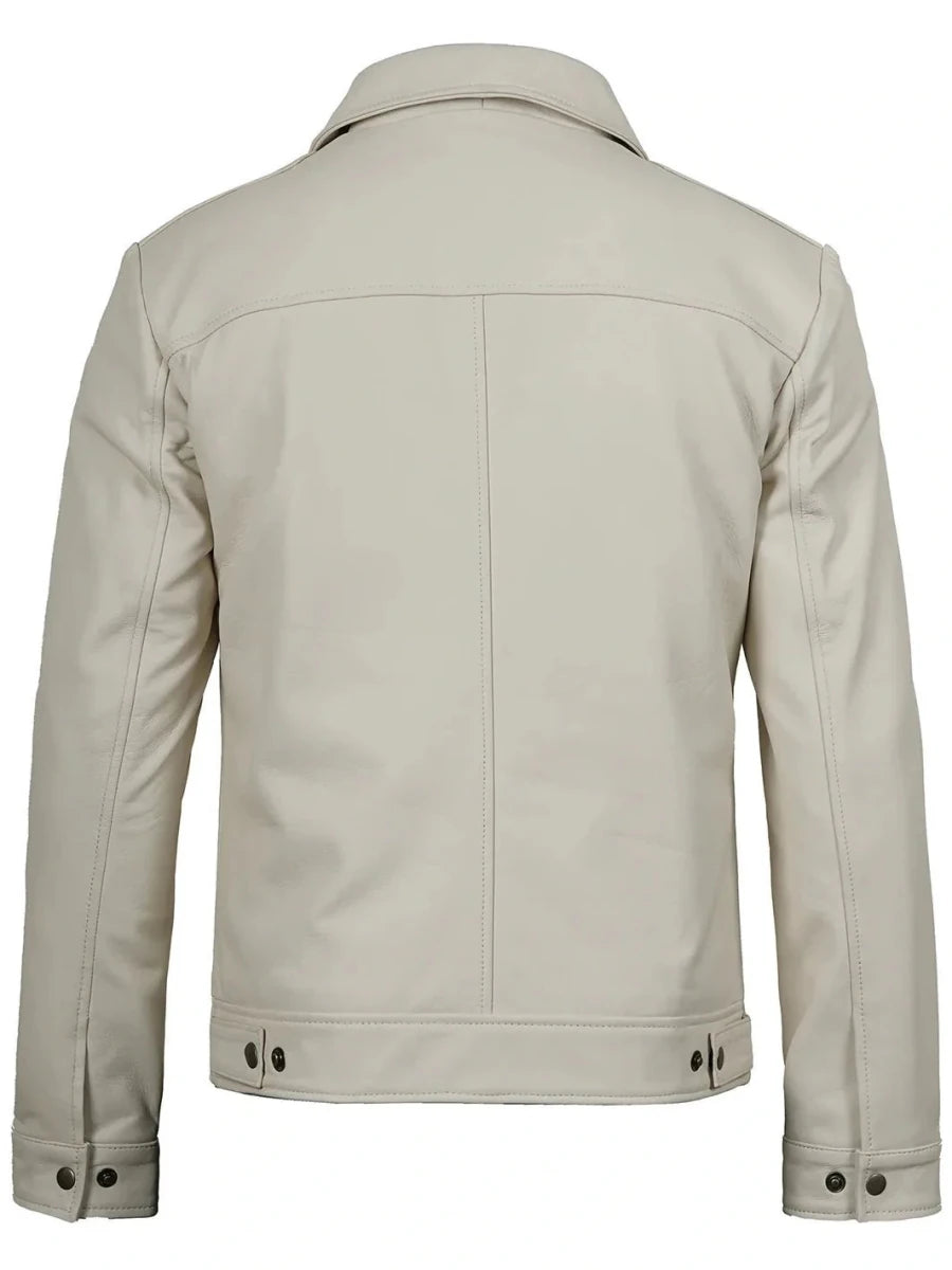 Men Off White Real Leather Harrington Jacket - Vox Leather
