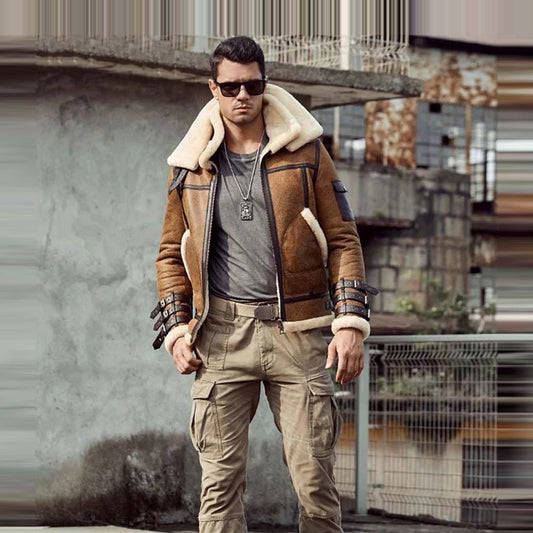 Mens B3 RAF Aviator Brown Double Collar Flight Shearling Leather Jacket Coat - Rare Leather