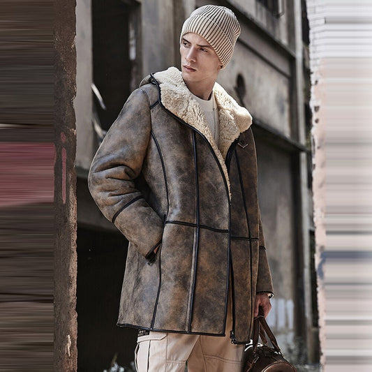 Men's B7 Hooded RAF Aviator Sheepskin Flying Fur Shearling Jacket Coat - Vox Leather