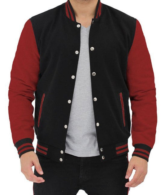 Men's Baseball Style Maroon and Black Varsity Jacket - Vox Leather