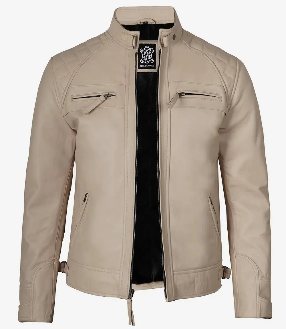 Men's Beige Cafe Racer Leather Jacket - Rare Leather