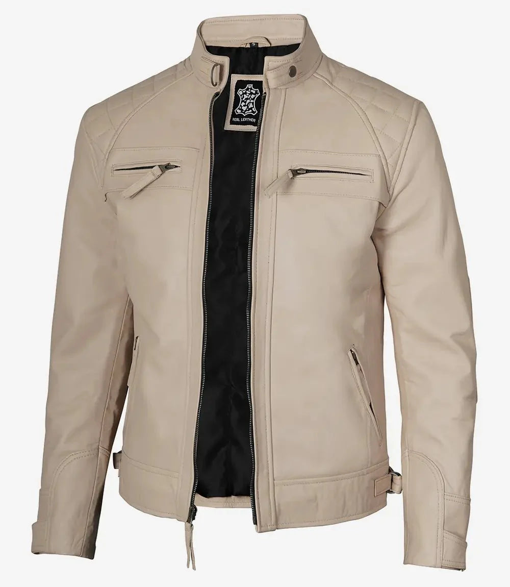 Men's Beige Cafe Racer Leather Jacket - Rare Leather