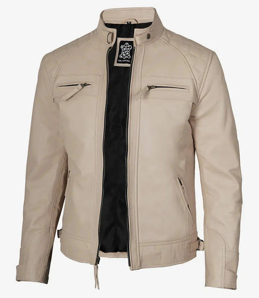 Men's Beige Cafe Racer Leather Jacket - Rare Leather