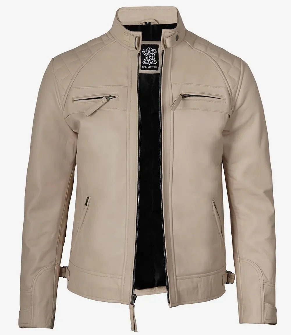 Men's Beige Cafe Racer Leather Jacket - Vox Leather