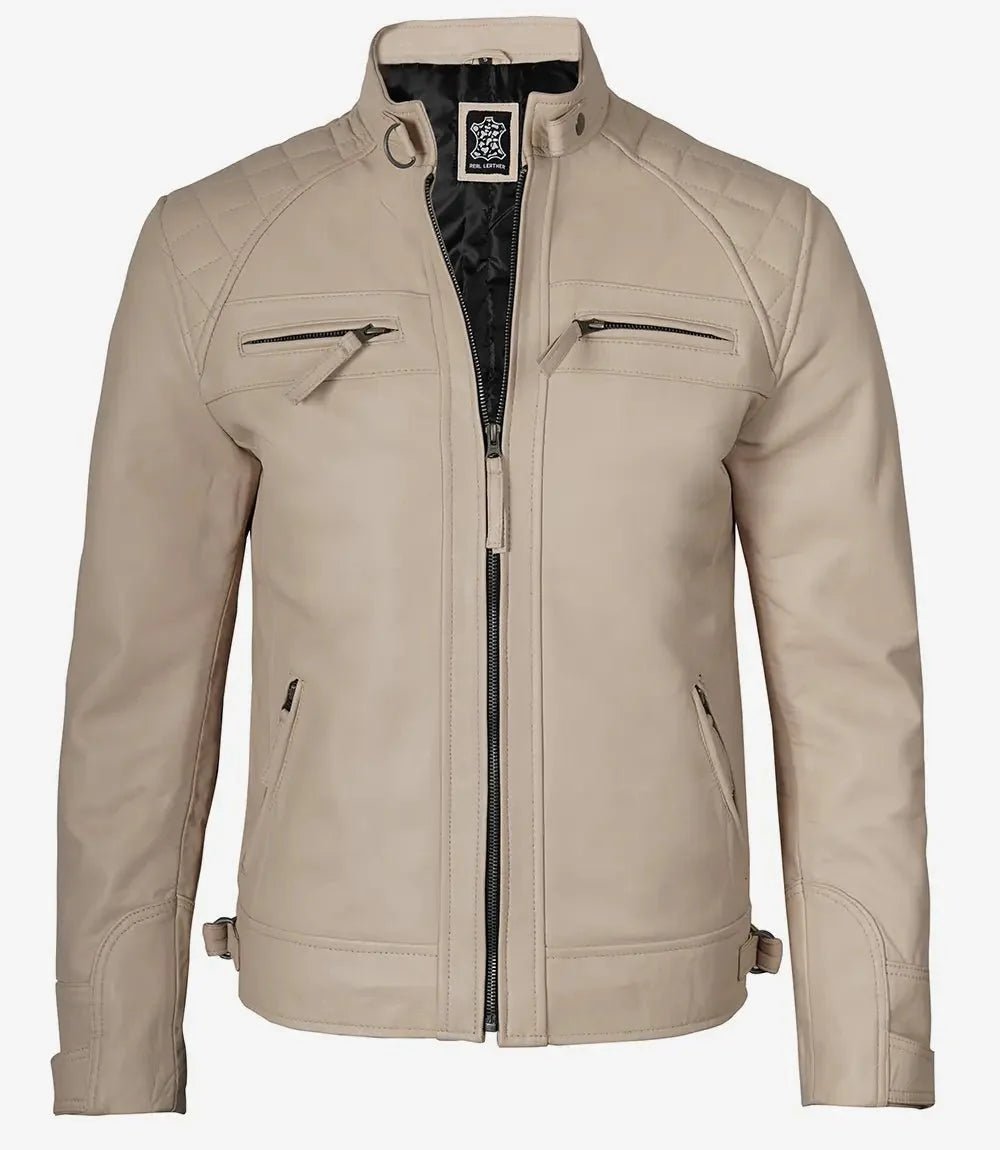 Men's Beige Cafe Racer Leather Jacket - Vox Leather