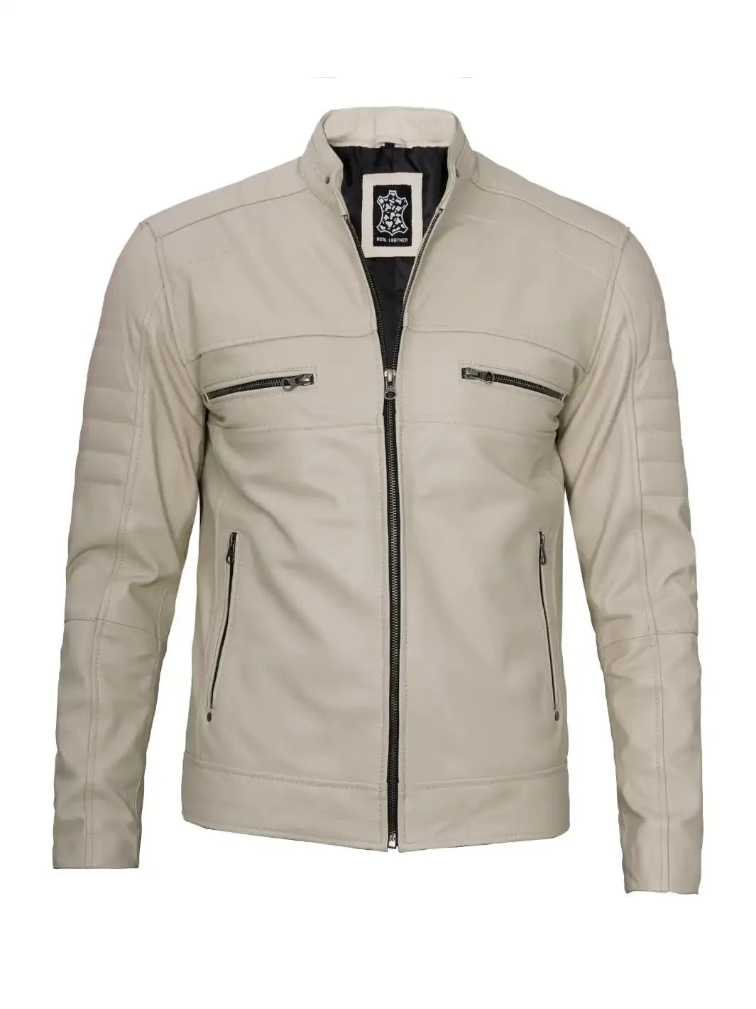 Mens Beige Cafe Racer Style Leather Jacket - Rare Leather