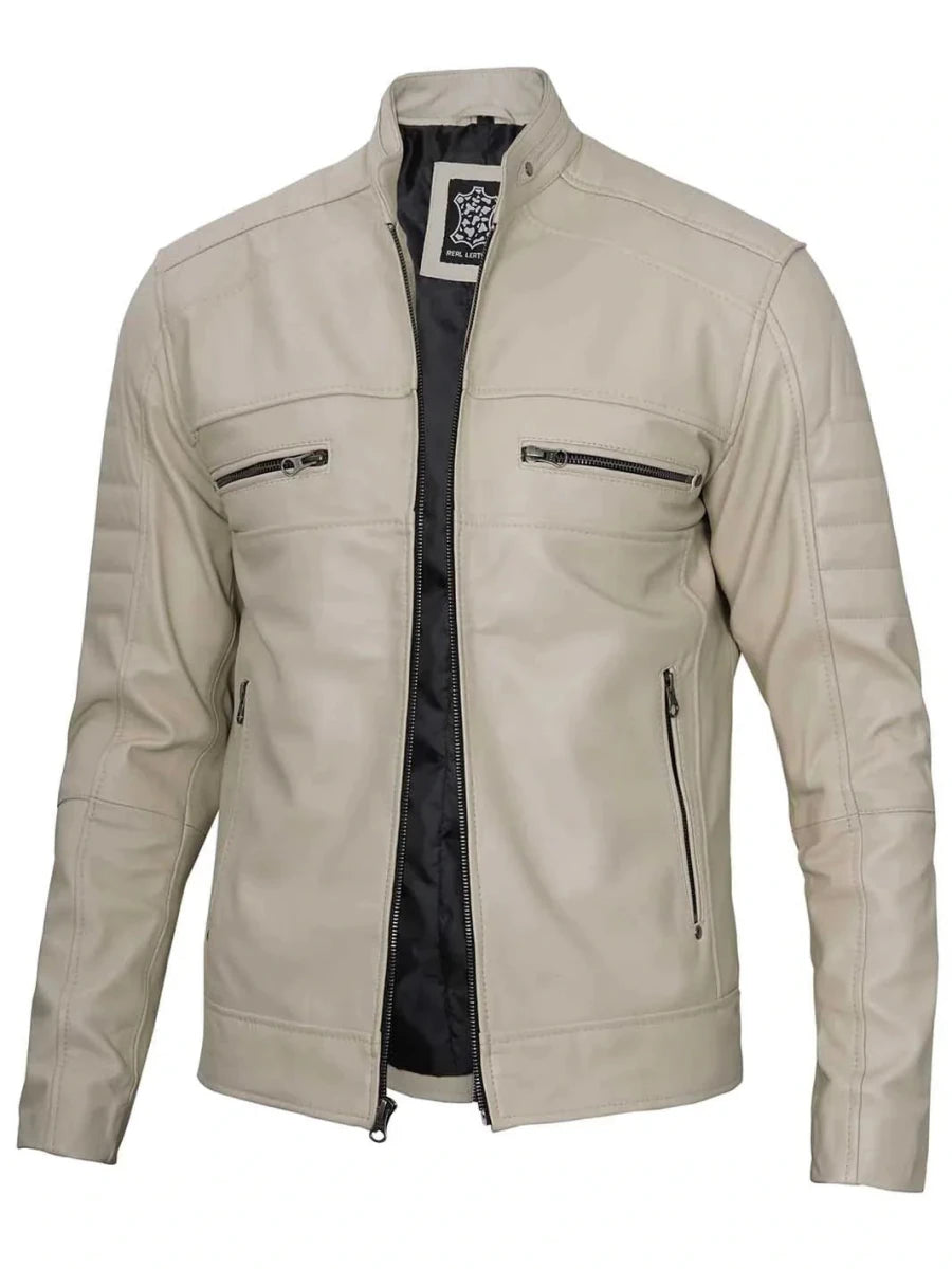Mens Beige Cafe Racer Style Leather Jacket - Vox Leather