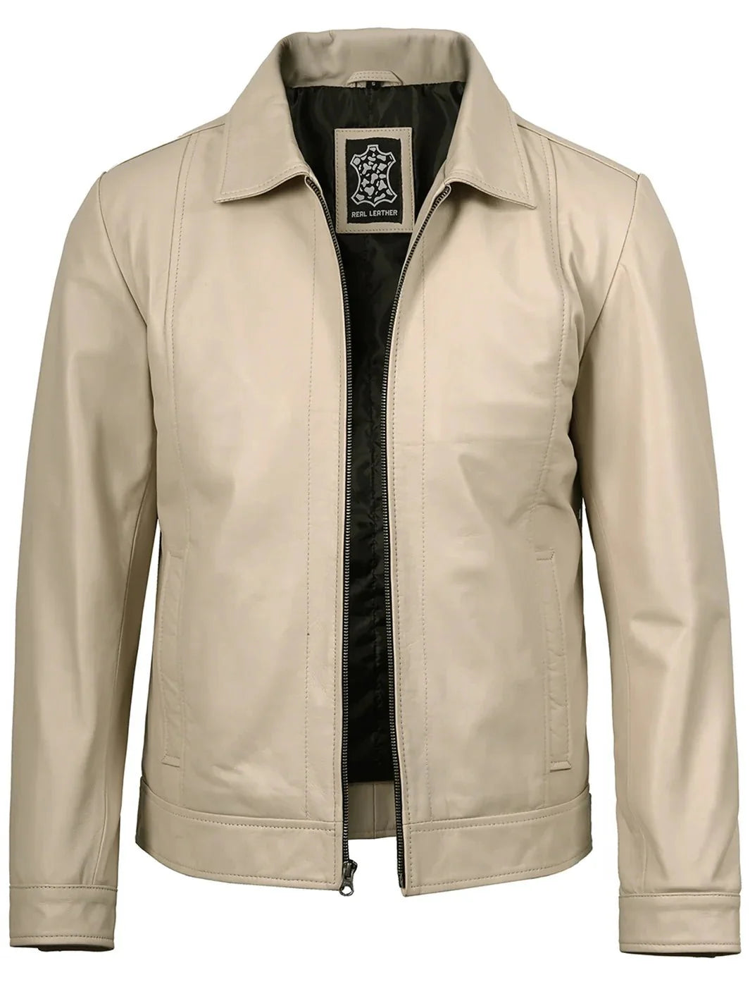 Men's Beige Real Leather Harrington Jacket - Rare Leather