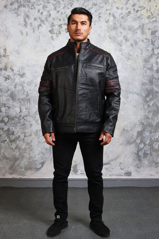 Men's Biker Black and Red Leather Jacket - Vox Leather