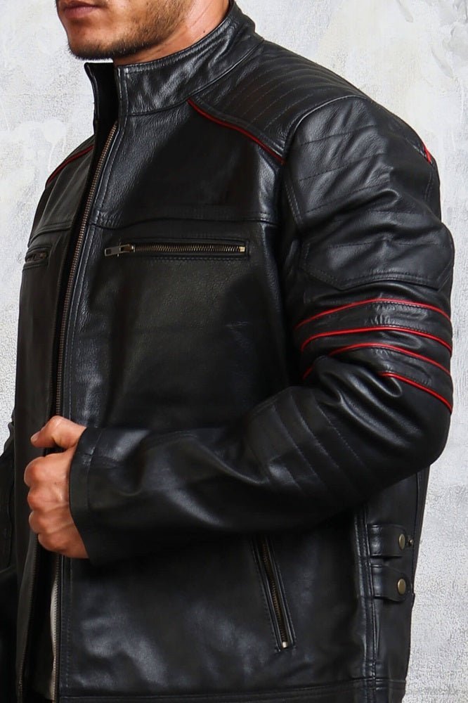 Men's Biker Black and Red Leather Jacket - Vox Leather