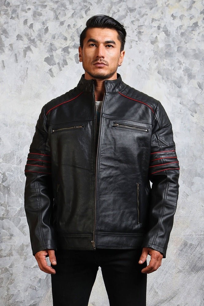 Men's Biker Black and Red Leather Jacket - Vox Leather