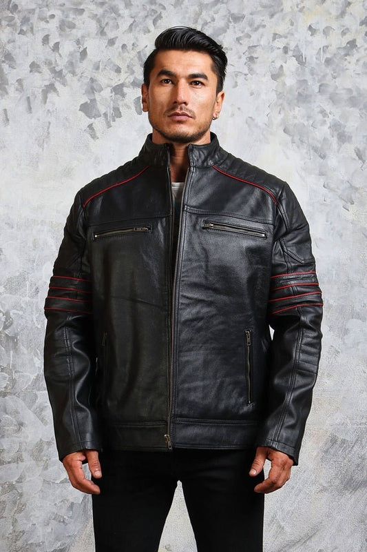 Men's Biker Black and Red Leather Jacket - Vox Leather