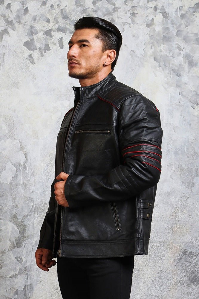 Men's Biker Black and Red Leather Jacket - Vox Leather