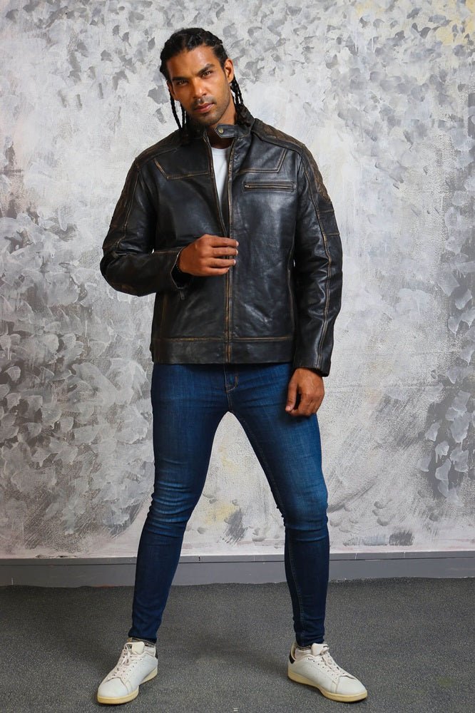 Men's Biker Distressed Leather Jacket - Rare Leather