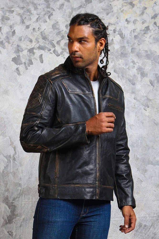 Men's Biker Distressed Leather Jacket - Rare Leather