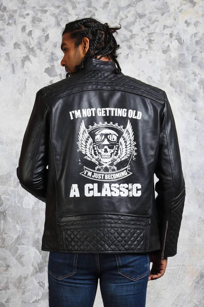 Men's Biker Leather Quilted Jacket - Skull with Wings - Rare Leather
