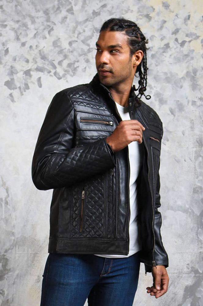 Men's Biker Leather Quilted Jacket - Skull with Wings - Rare Leather