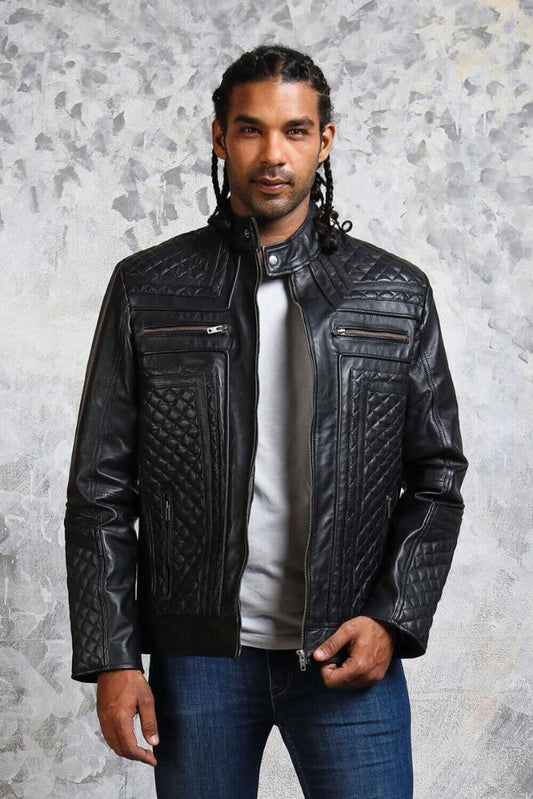 Men's Biker Leather Quilted Jacket - Skull with Wings - Vox Leather