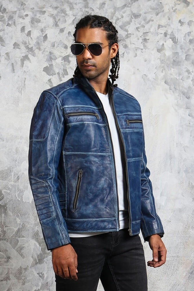 Men's Biker Perforated Blue Leather Jacket - Rare Leather