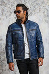 Men's Biker Perforated Blue Leather Jacket - Rare Leather