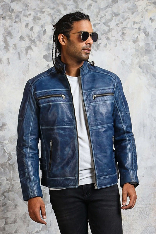 Men's Biker Perforated Blue Leather Jacket - Rare Leather