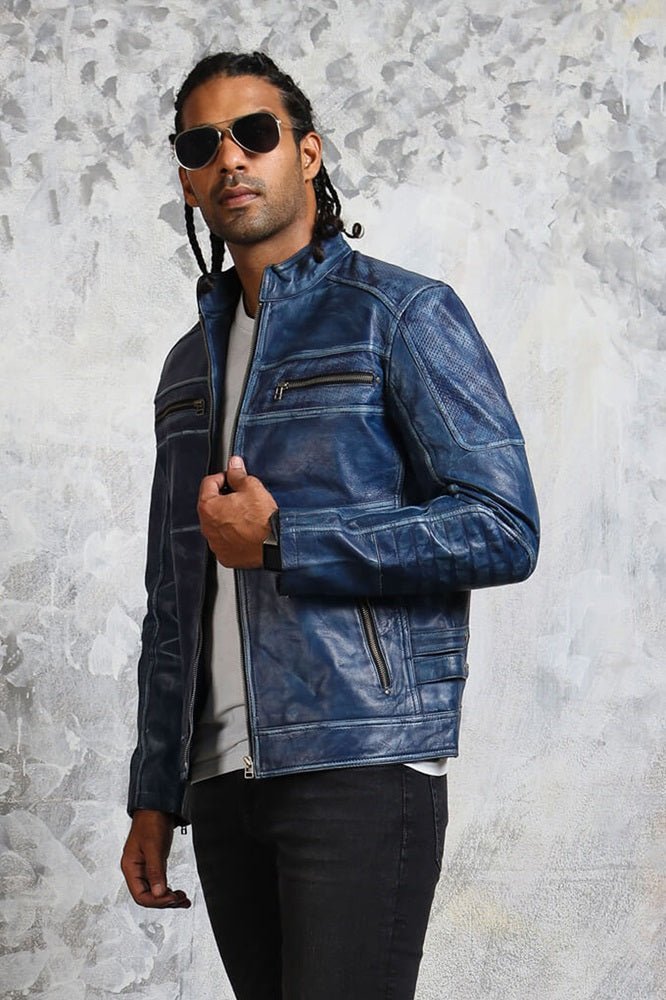 Men's Biker Perforated Blue Leather Jacket - Rare Leather