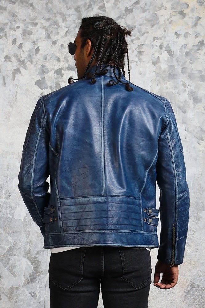 Men's Biker Perforated Blue Leather Jacket - Rare Leather