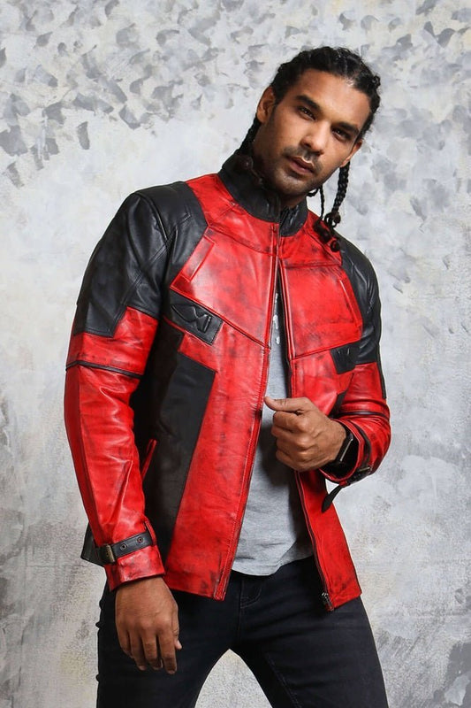 Men's Biker Red and Black Leather Jacket - Vox Leather