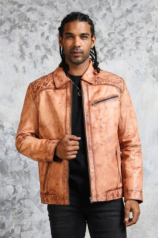 Men's Biker Tan Leather Jacket - Vox Leather