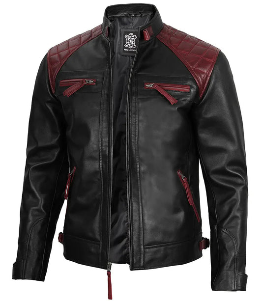 Men's Black and Burgundy Quilted Leather Biker Jacket - Vox Leather