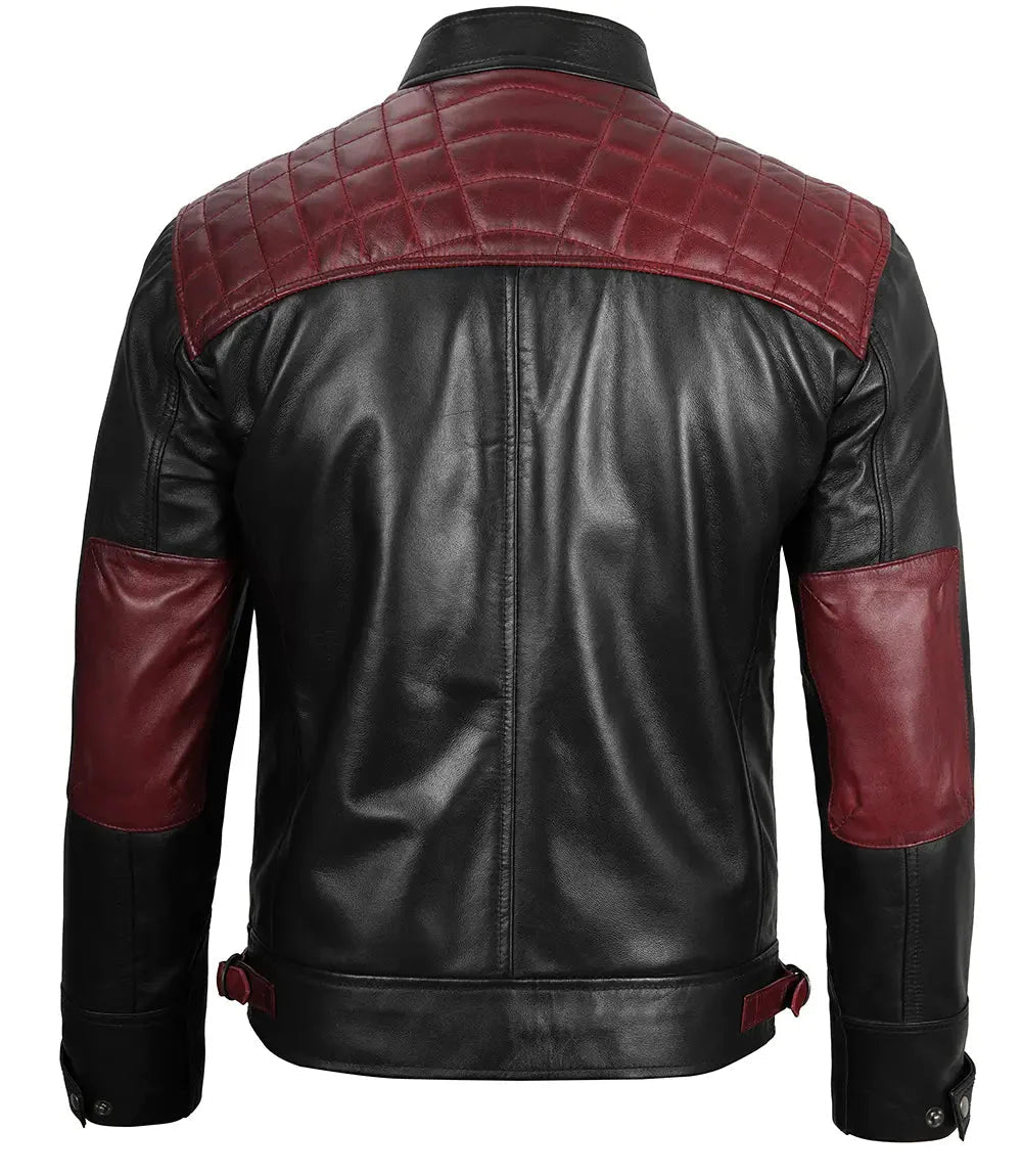 Men's Black and Burgundy Quilted Leather Biker Jacket - Vox Leather