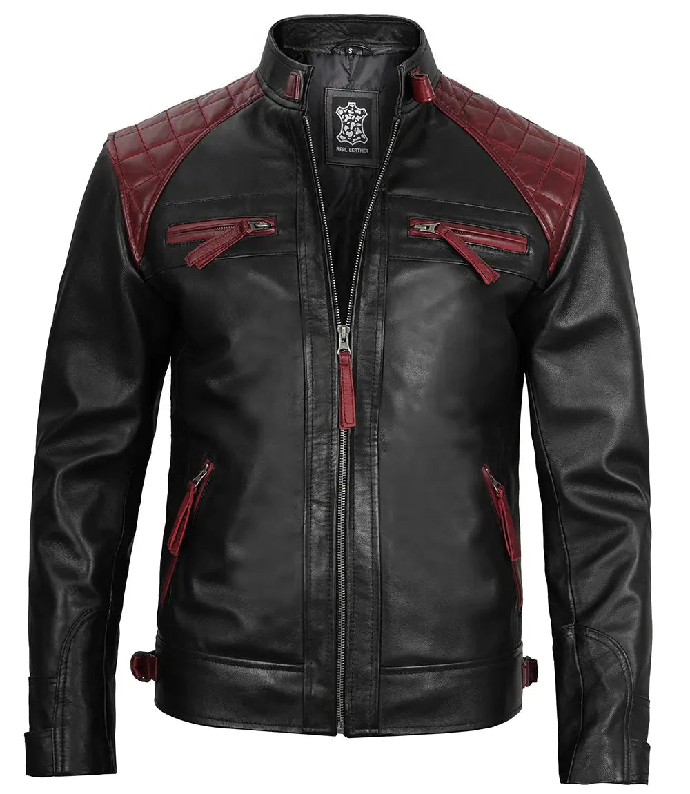 Men's Black and Burgundy Quilted Leather Biker Jacket - Vox Leather