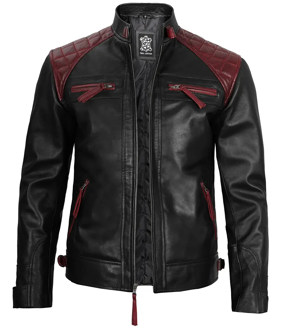 Men's Black and Burgundy Quilted Leather Biker Jacket - Vox Leather
