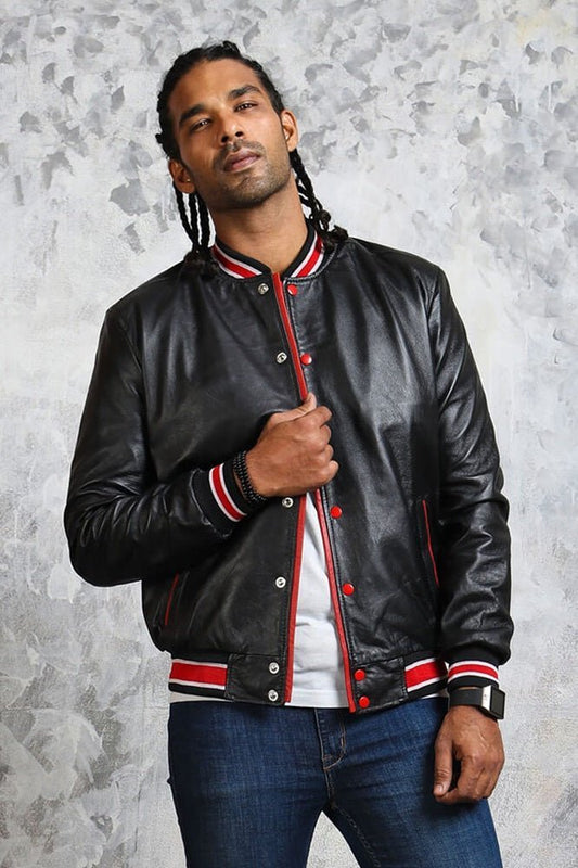 Men's Black and Red Bomber Jacket - Vox Leather