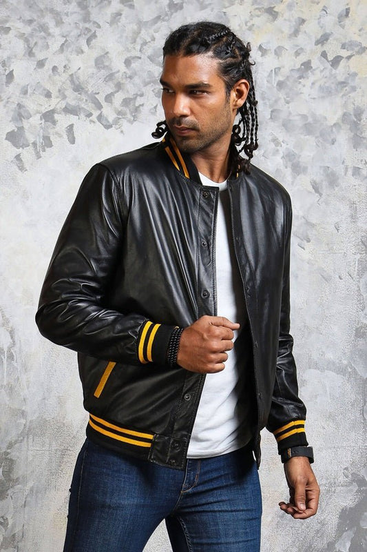Men's Black and Yellow Bomber Jacket - Vox Leather
